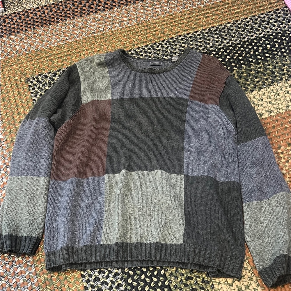 Van Heusen Men's Patchwork Crewneck Sweater - Gray and Brown